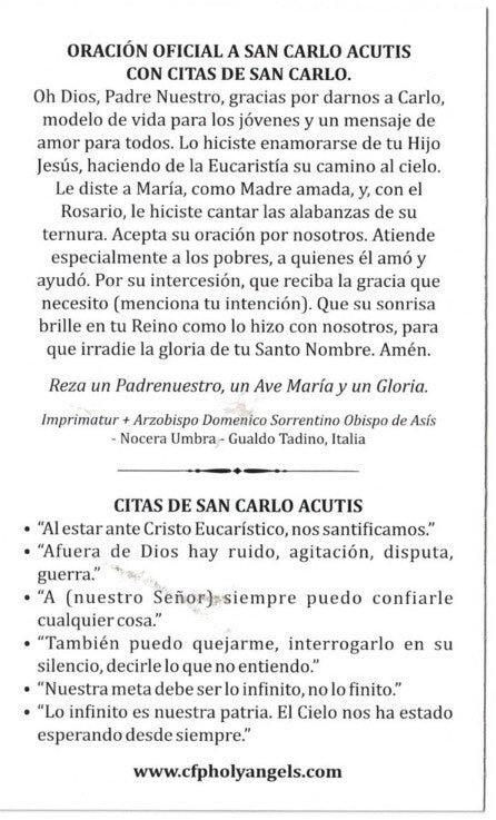 San Carlo Acutis,Apostol de la Eucaristía, Estampita En Español #PC-110