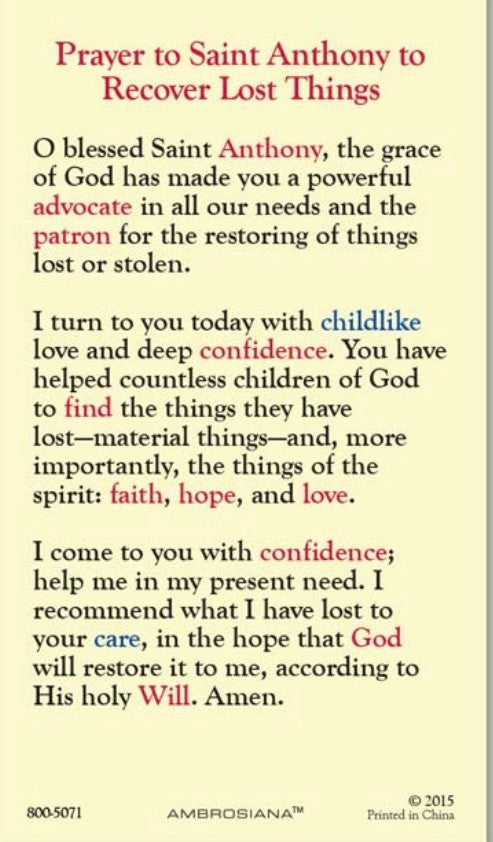 Saint Anthony of Padua" Prayer to Recover Lost Things" Laminated New #PCL-61 - Journeys of Faith