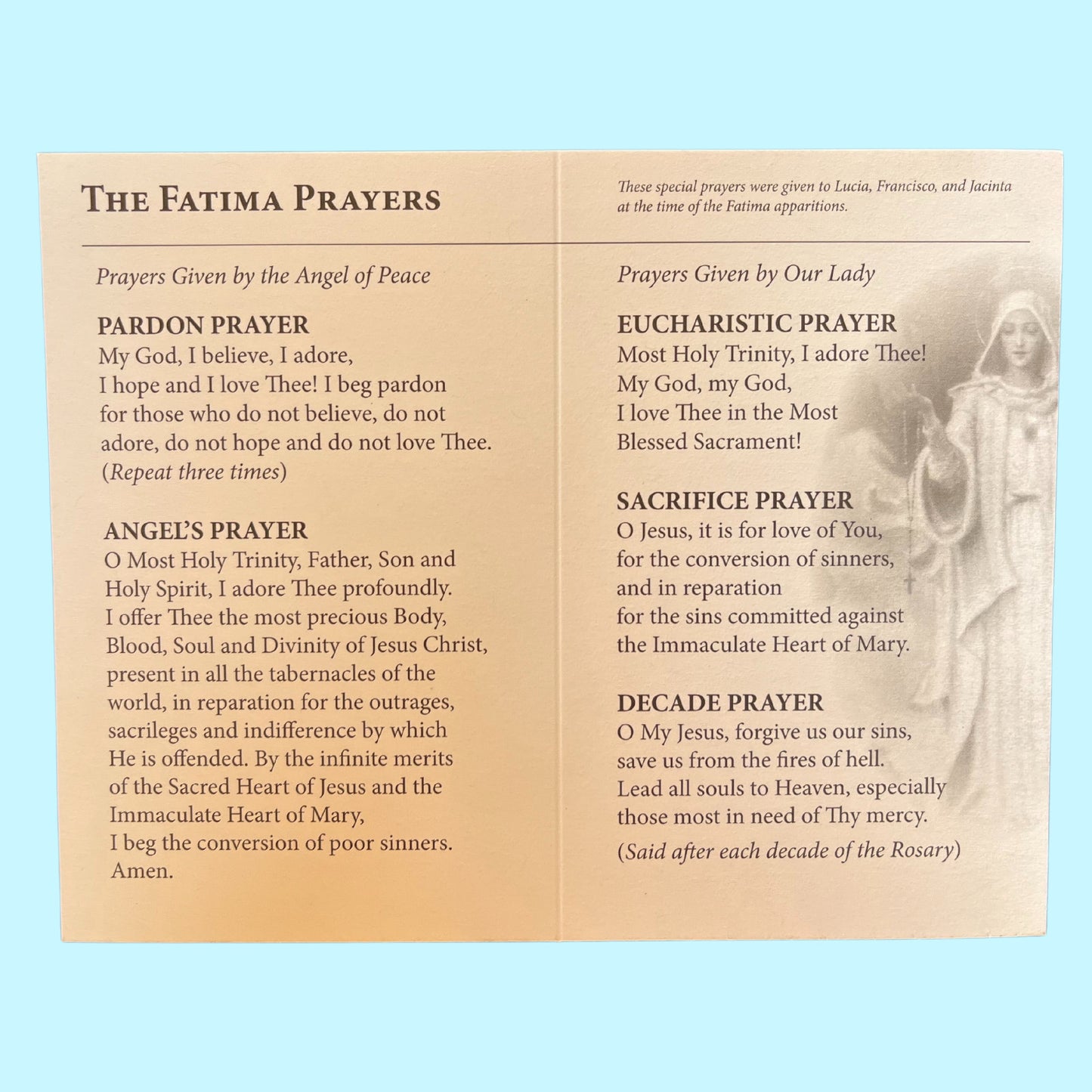 Our Lady of Fatima prayer card featuring the Fatima prayers, religious Christian Holy Card by Bob and Penny Lord Journeys of Faith.