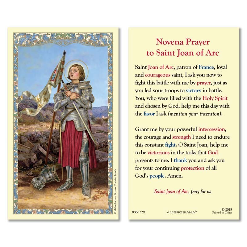 Laminated Saint Joan of Arc prayer card from Bob and Penny Lord, featuring religious imagery and Christian novena prayers.