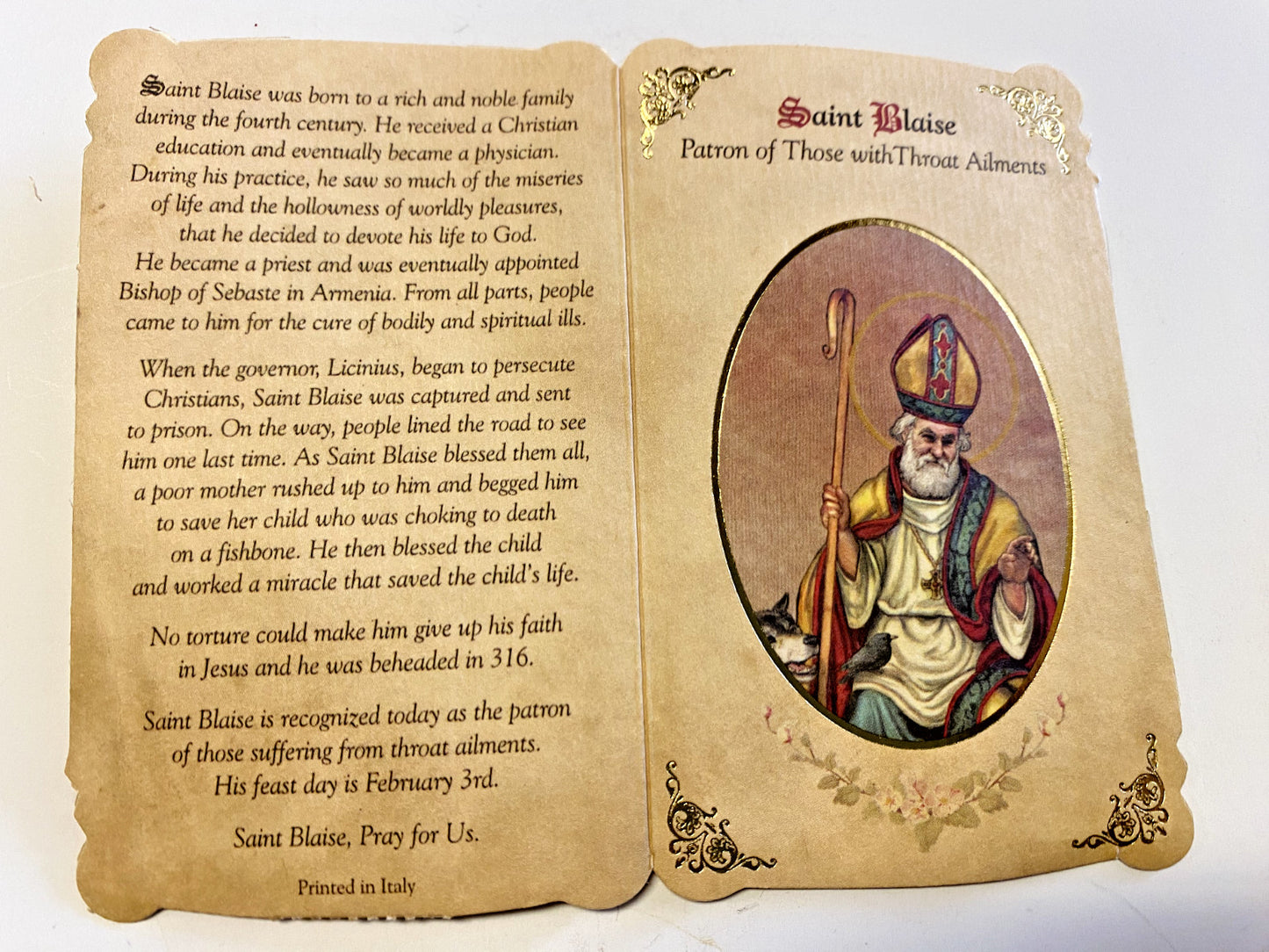 Saint Blaise "Patron Saint of Throat Ailments" Prayer Card + Medal, New - Journeys of Faith