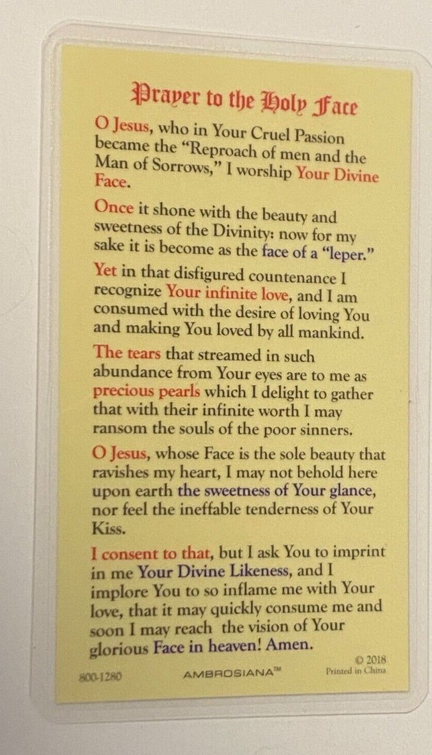 St Veronica " Holy Face of Jesus", Laminated Prayer Card, New #PCL-27