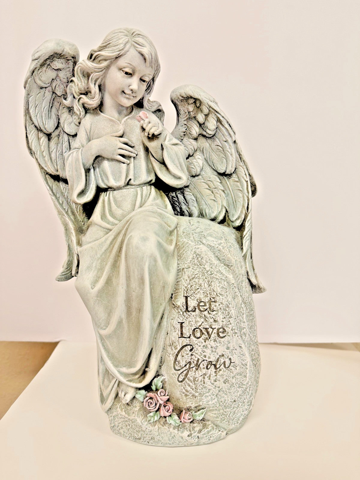 Seated Angel with "Let Love Grow" Stone 12" Garden Statue, New #RM-61-R2