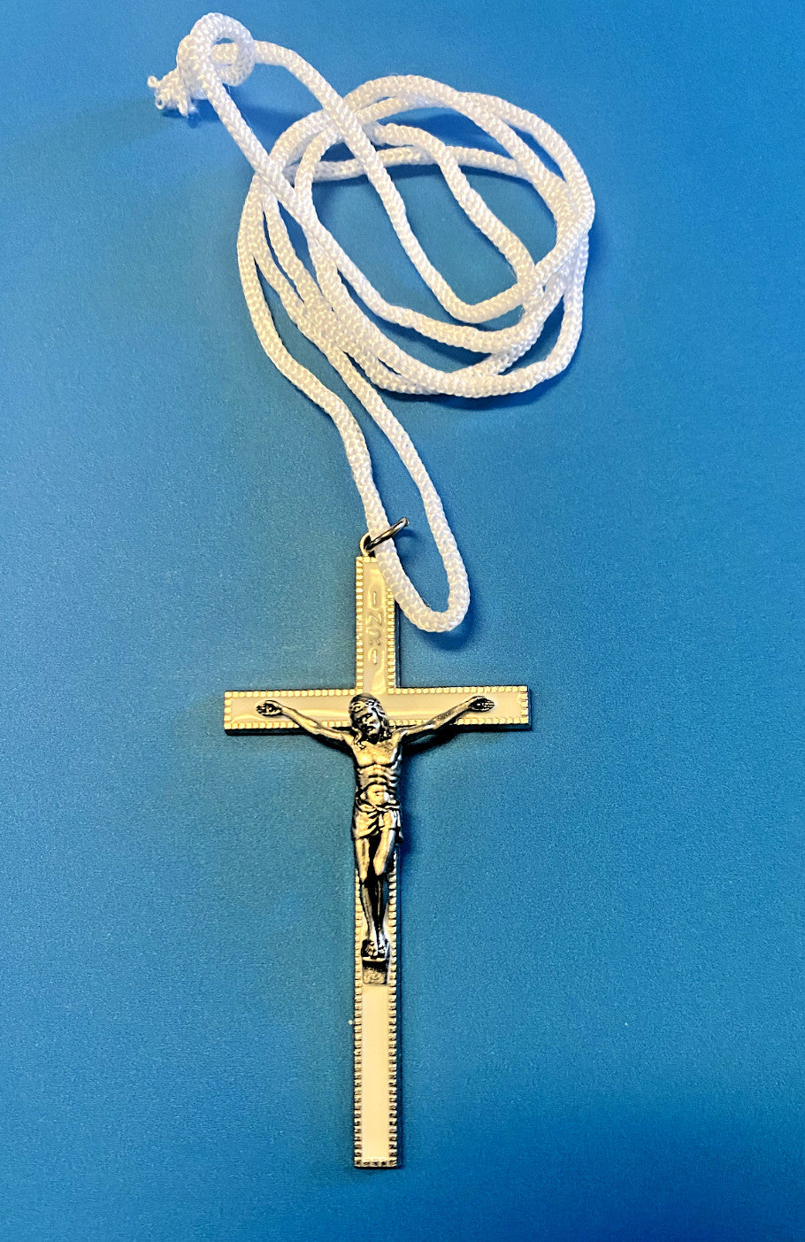 White Enamel 3.50" Cross with White Cord 1.50" Pendant - Journeys of Faith