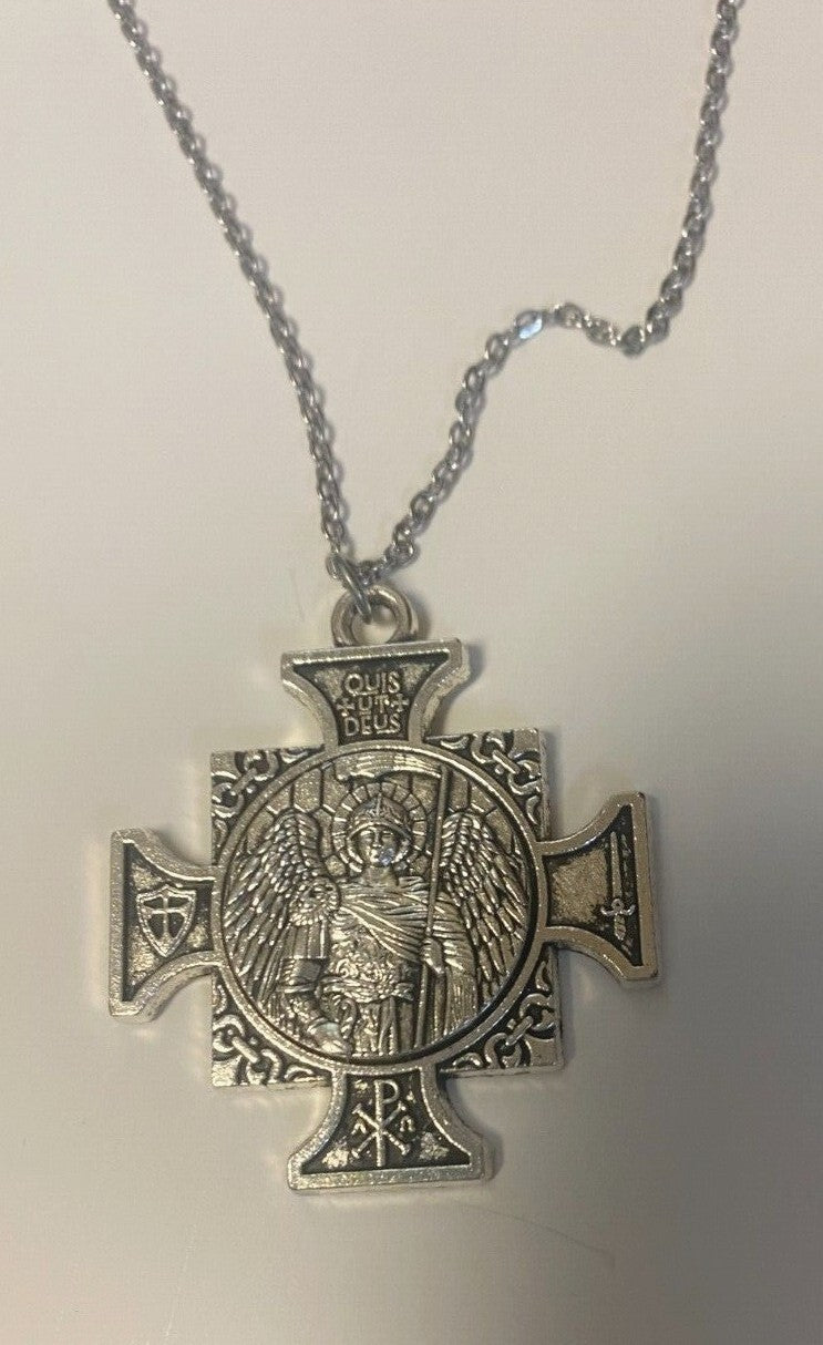 Saint Michael The Archangel Iron Cross Gold tone/Silver tone Pendant, New