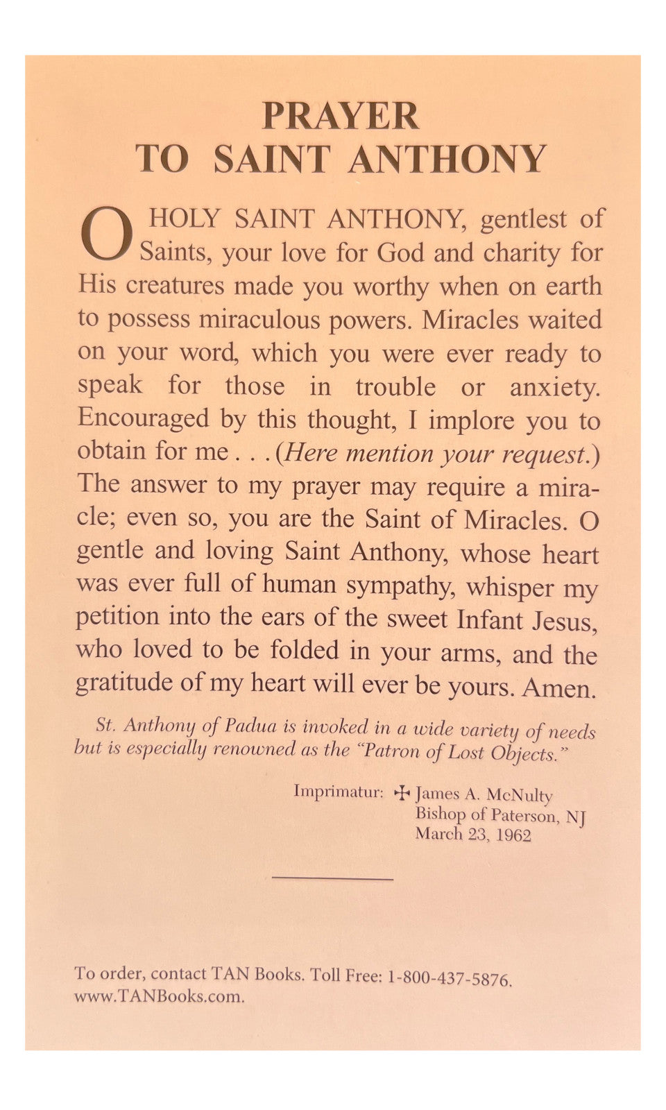 Saint Anthony of Padua prayer card from Bob and Penny Lord featuring religious imagery and Christian symbolism for spiritual comfort.