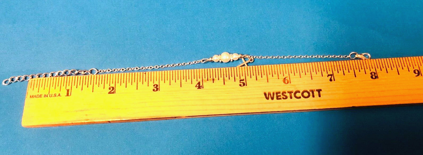 Children's Glass Pearl Bracelet with Cross Charm 7" Adjustable, New