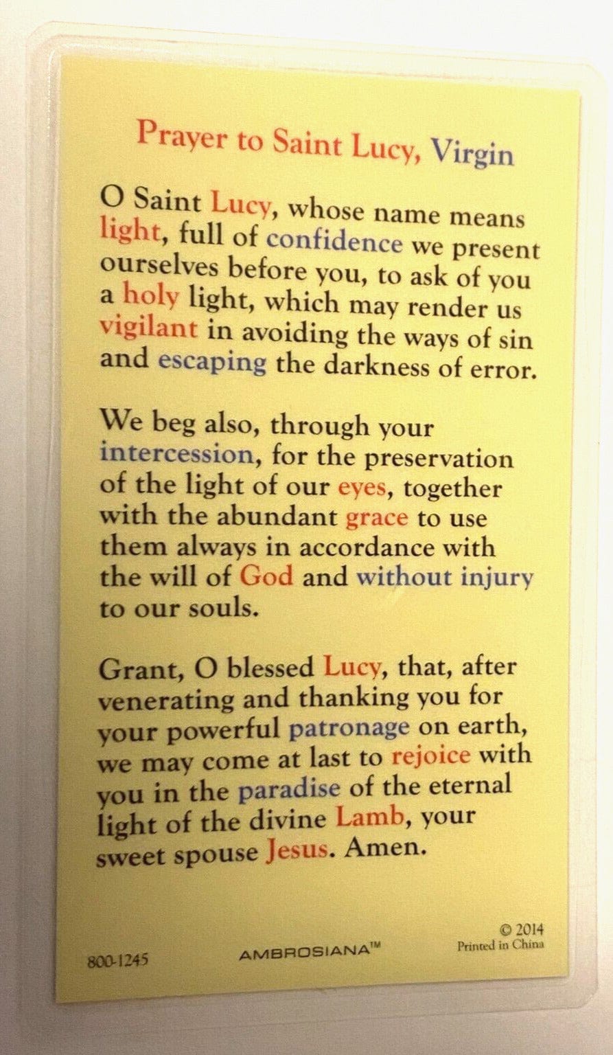 Saint Lucy Laminated Prayer Card, New - Bob and Penny Lord Journeys of Faith