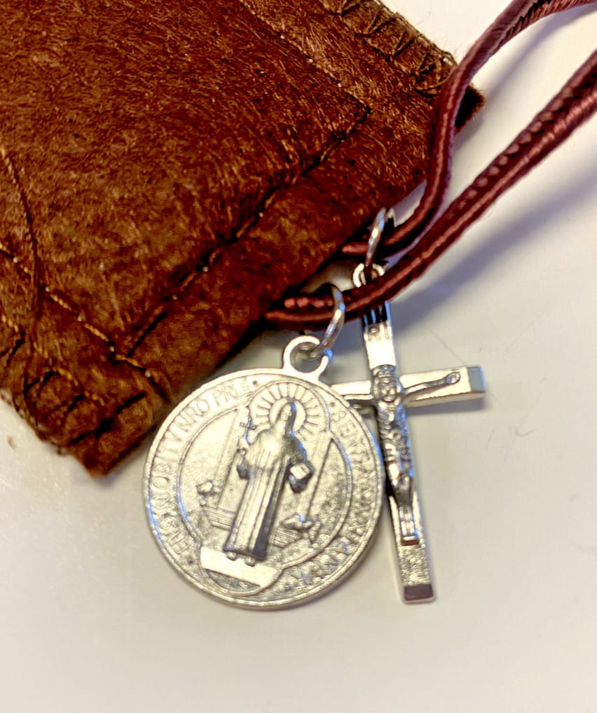 Brown Our Lady of Mount Carmel & St. Simon Stock scapular from Journeys of Faith, Christian religious collectible with detailed design.