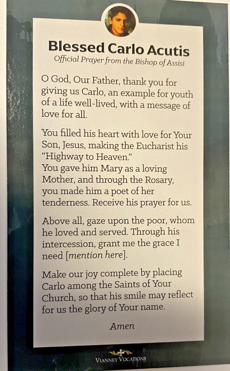 Blessed Carlo Acutis, (Apostle of the Eucharist) Prayer Card, New #PC-112 - Journeys of Faith