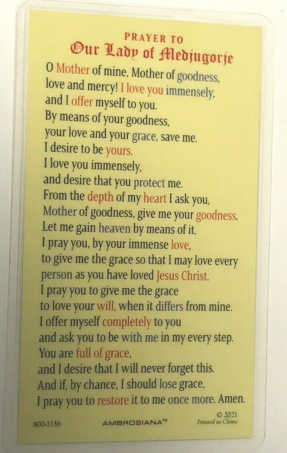 Our Lady of Medjugorje Laminated Prayer Card, New - Bob and Penny Lord Journeys of Faith