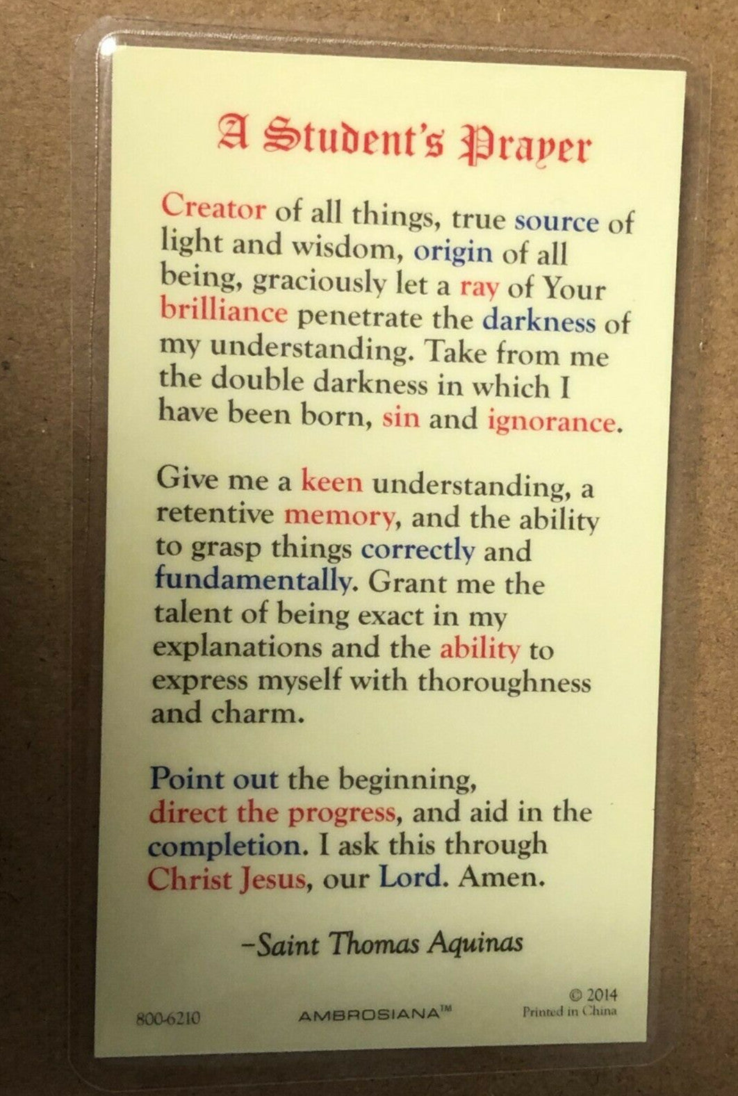 Saint Thomas Aquinas Laminated Student Prayer Card, New - Journeys of Faith