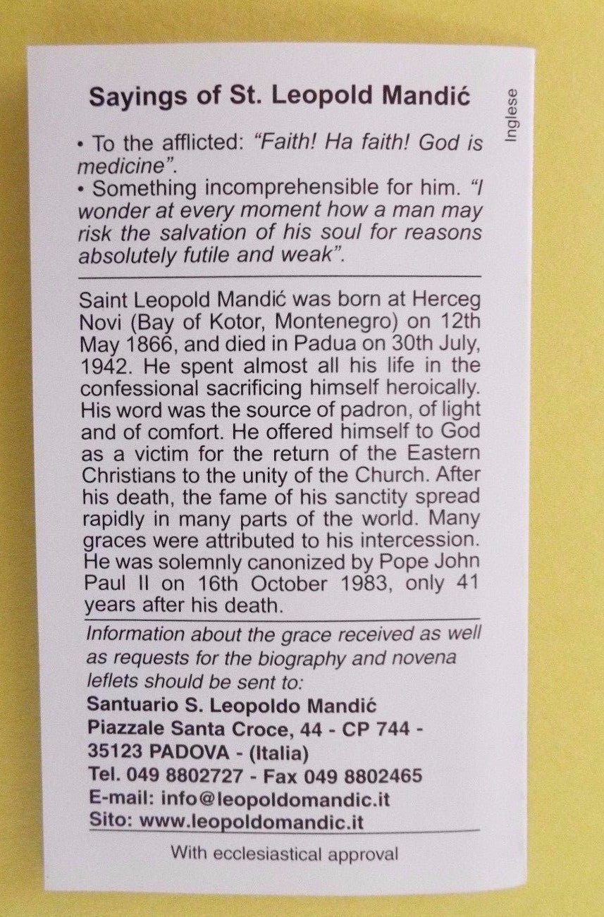 Saint Leopold Mandic novena holy card and short bio folder by Bob and Penny Lord, featuring religious imagery and biography text.