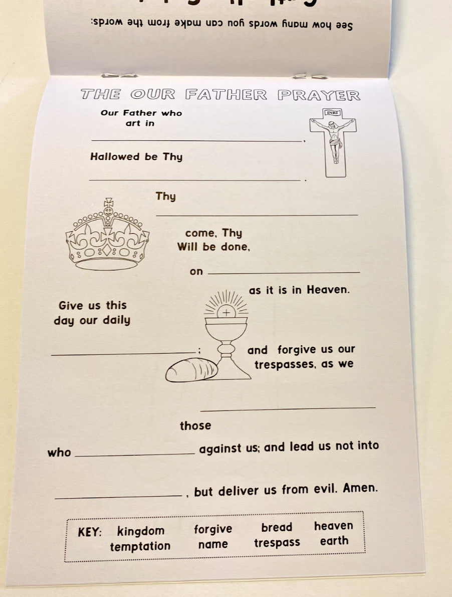 Children's Mini Saints Activity Book by Journeys of Faith, featuring colorful illustrations and activities for young Christian learners.