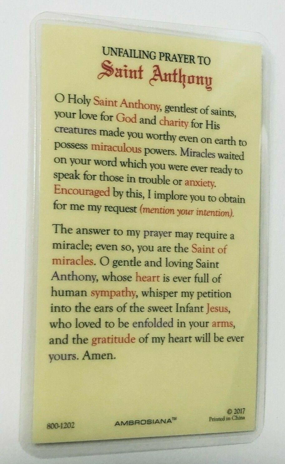 Saint Anthony of Padua" Unfailing Prayer" Laminated Card, New - Bob and Penny Lord Journeys of Faith