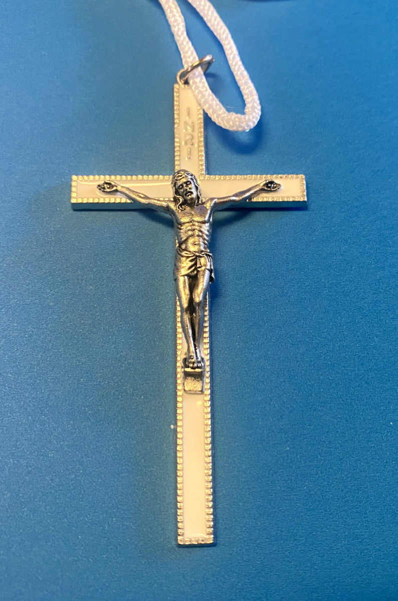 White Enamel 3.50" Cross with White Cord 1.50" Pendant - Journeys of Faith