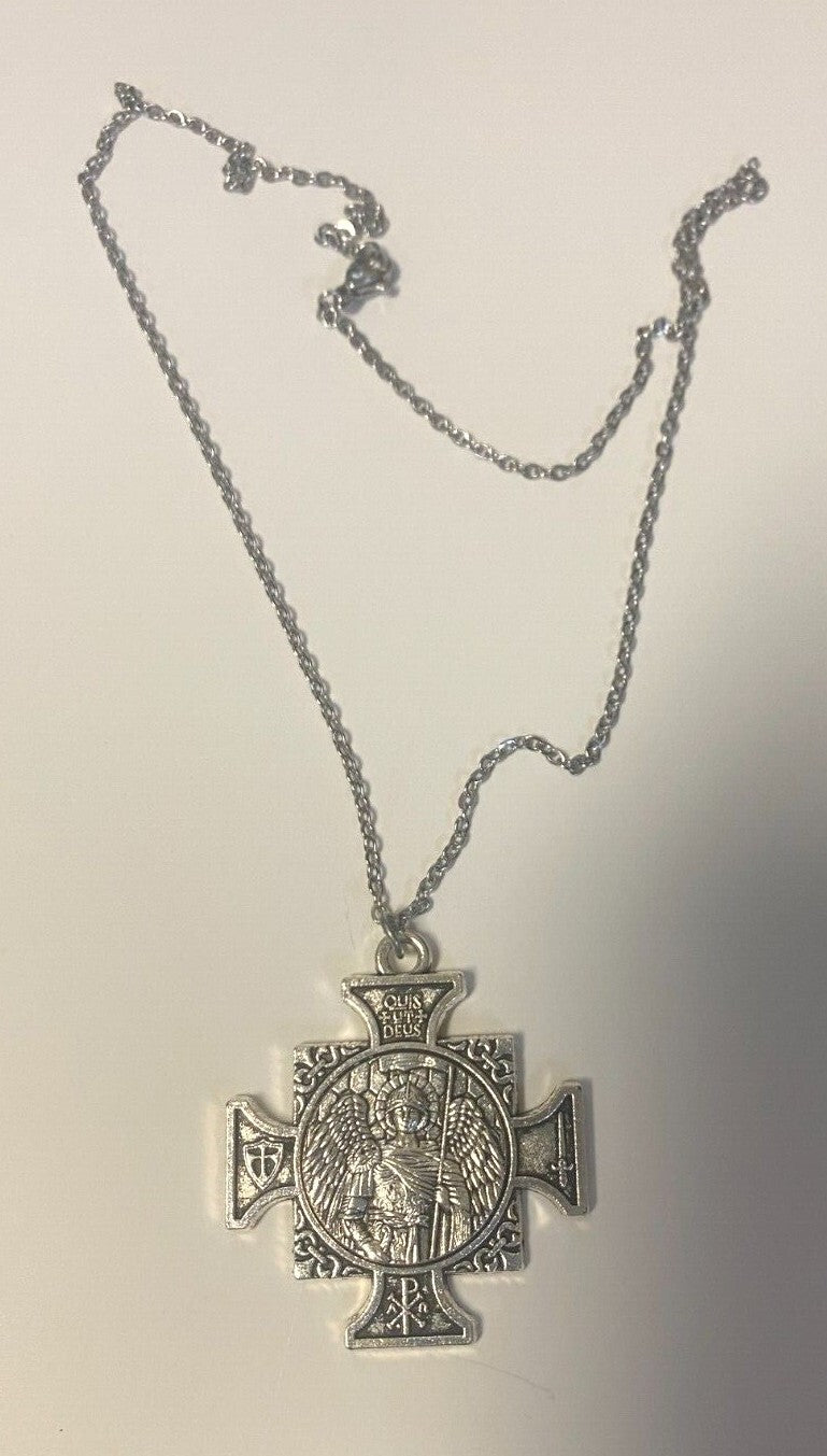 Saint Michael The Archangel Iron Cross Gold tone/Silver tone Pendant, New