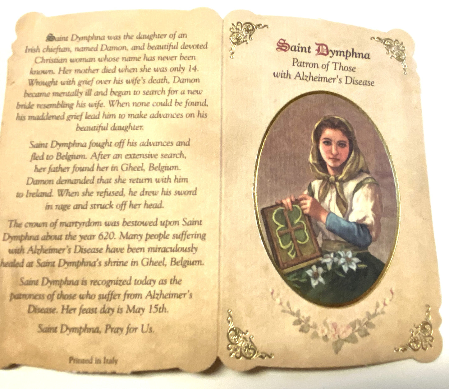 Saint Dymphna (Patron of Alzheimer's Disease) Prayer Card+ Medal, New #PCM-010
