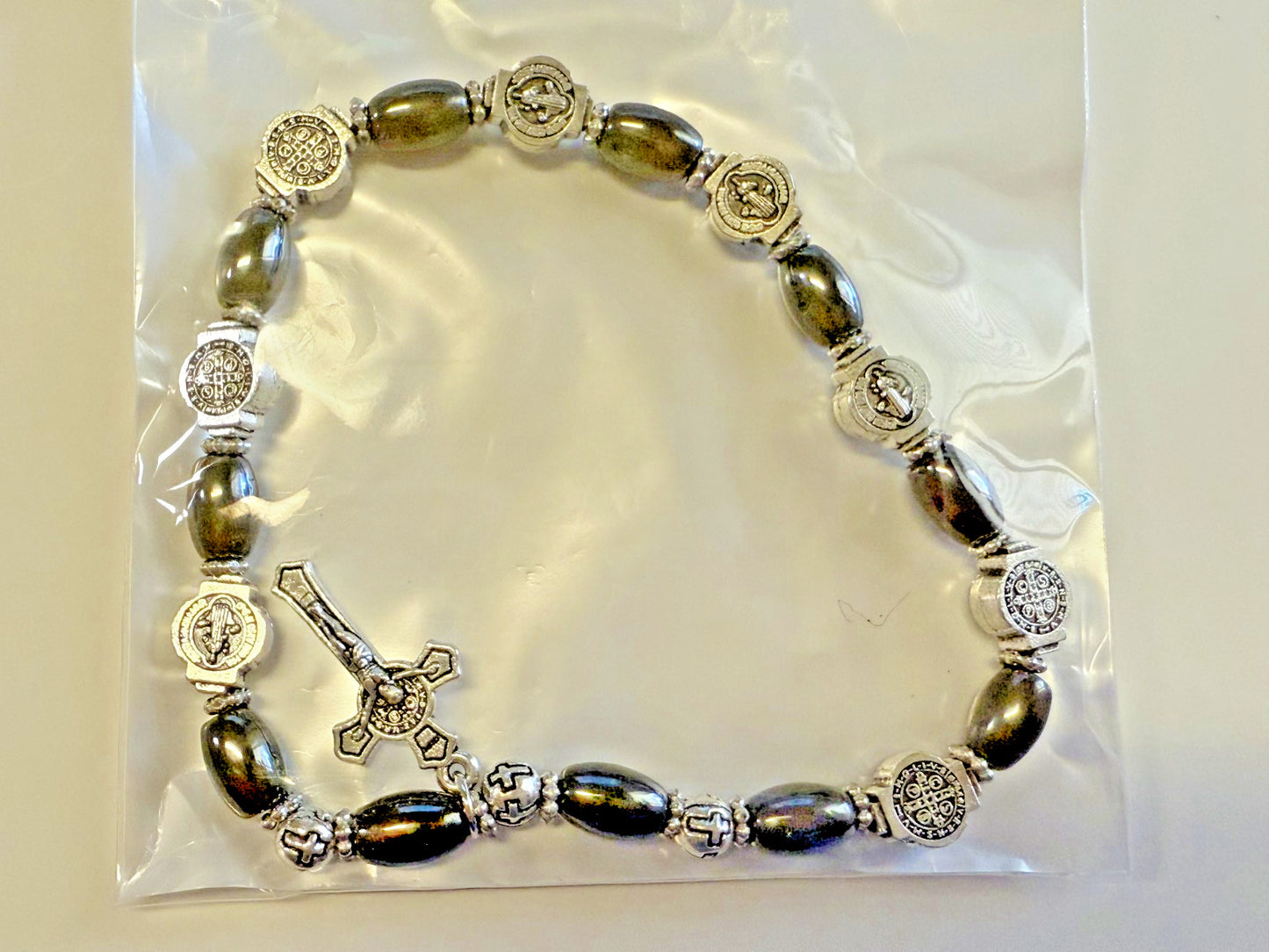 Saint Benedict Hematite Stretch Bracelet , New #AB-394-R2 - Journeys of Faith