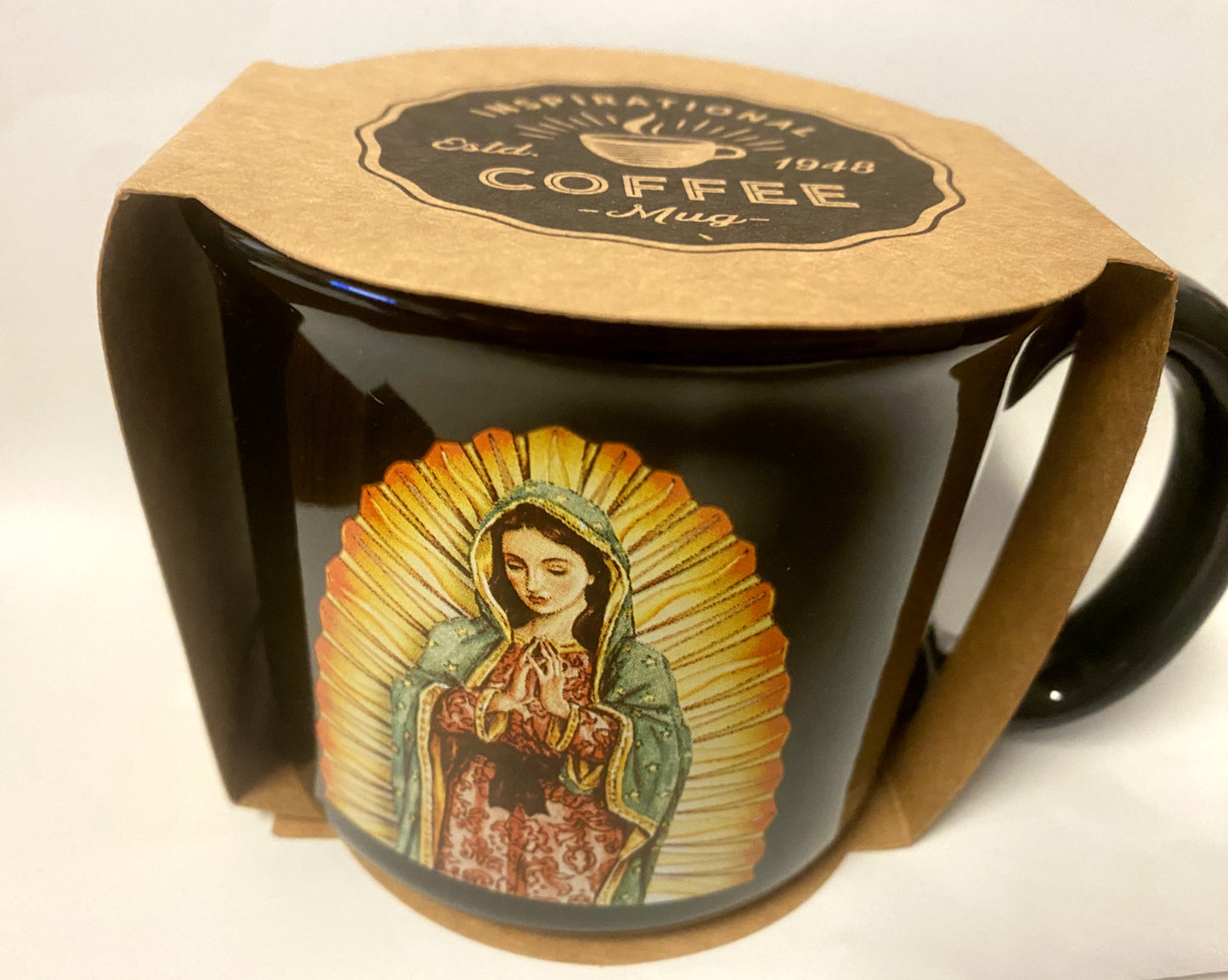 13 oz Our Lady of Guadalupe ceramic mug with prayer, featuring religious artwork, by Bob and Penny Lord, part of Christian collectibles.