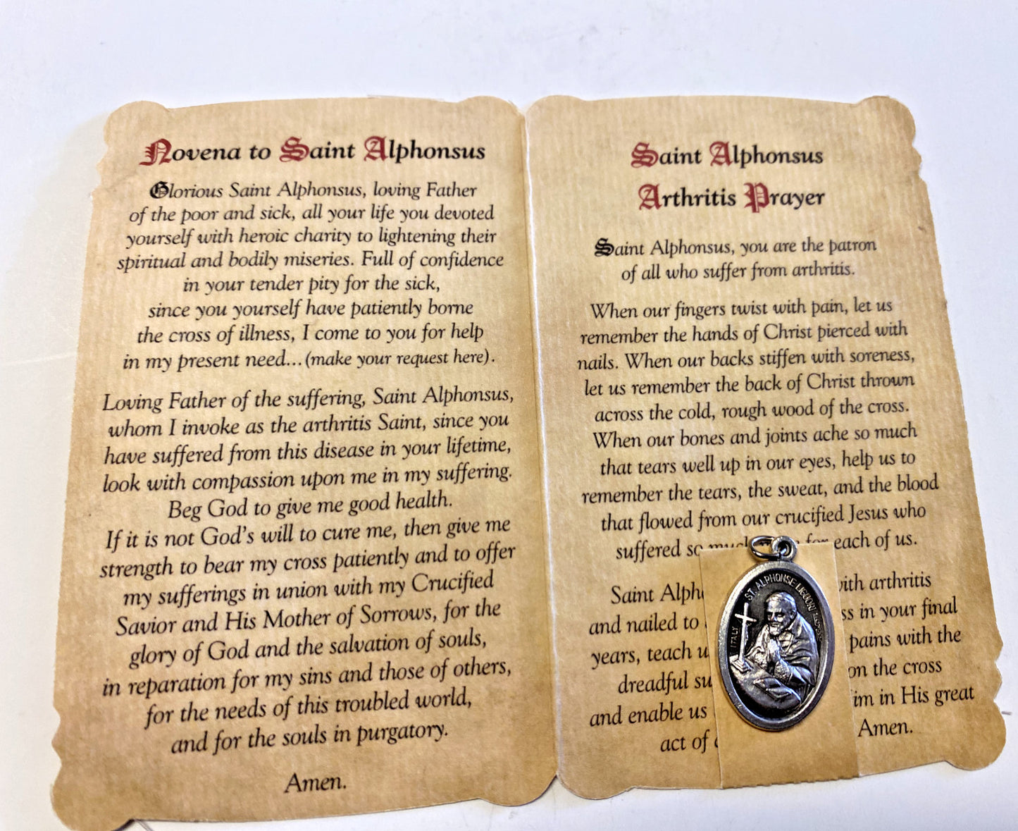 Saint Alphonsus Ligouri "Arthritis Prayer" Card + Medal, New from Italy PCM-02