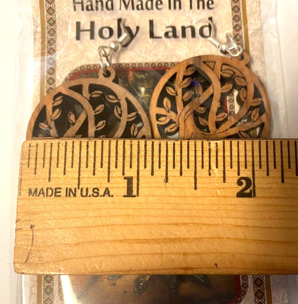 Olive wood tree round 2-inch hanging earrings, handcrafted fashion jewelry with a natural wood finish, from the Holy Land.