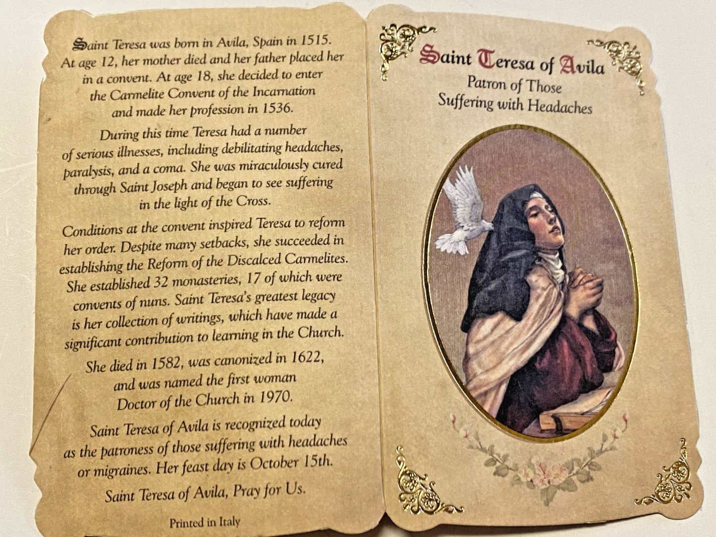 Saint Teresa of Avila "Headache, Prayer" Card + Medal, New from Italy - Bob and Penny Lord Journeys of Faith