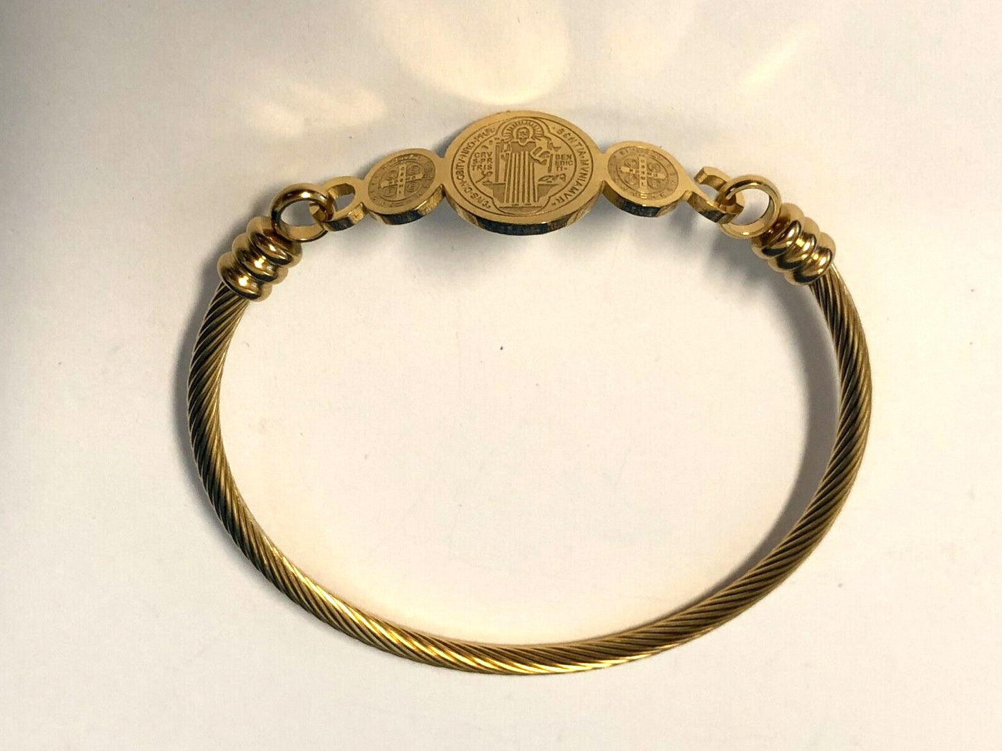 Saint Benedict Medal on Gold or Silver Bangle Bracelet, New - Journeys of Faith