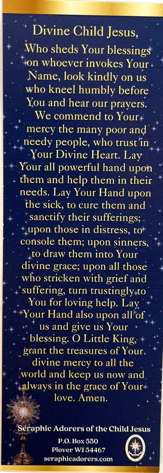 Divine Child Jesus Bookmark Prayer Card - Journeys of Faith