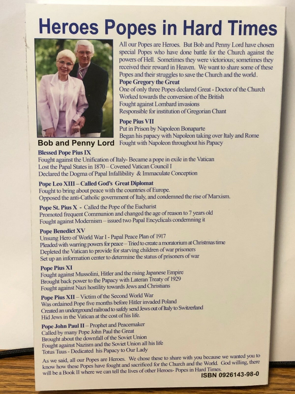 Heroes, Popes in Hard Times, Book by Bob and Penny Lord, New - Journeys of Faith