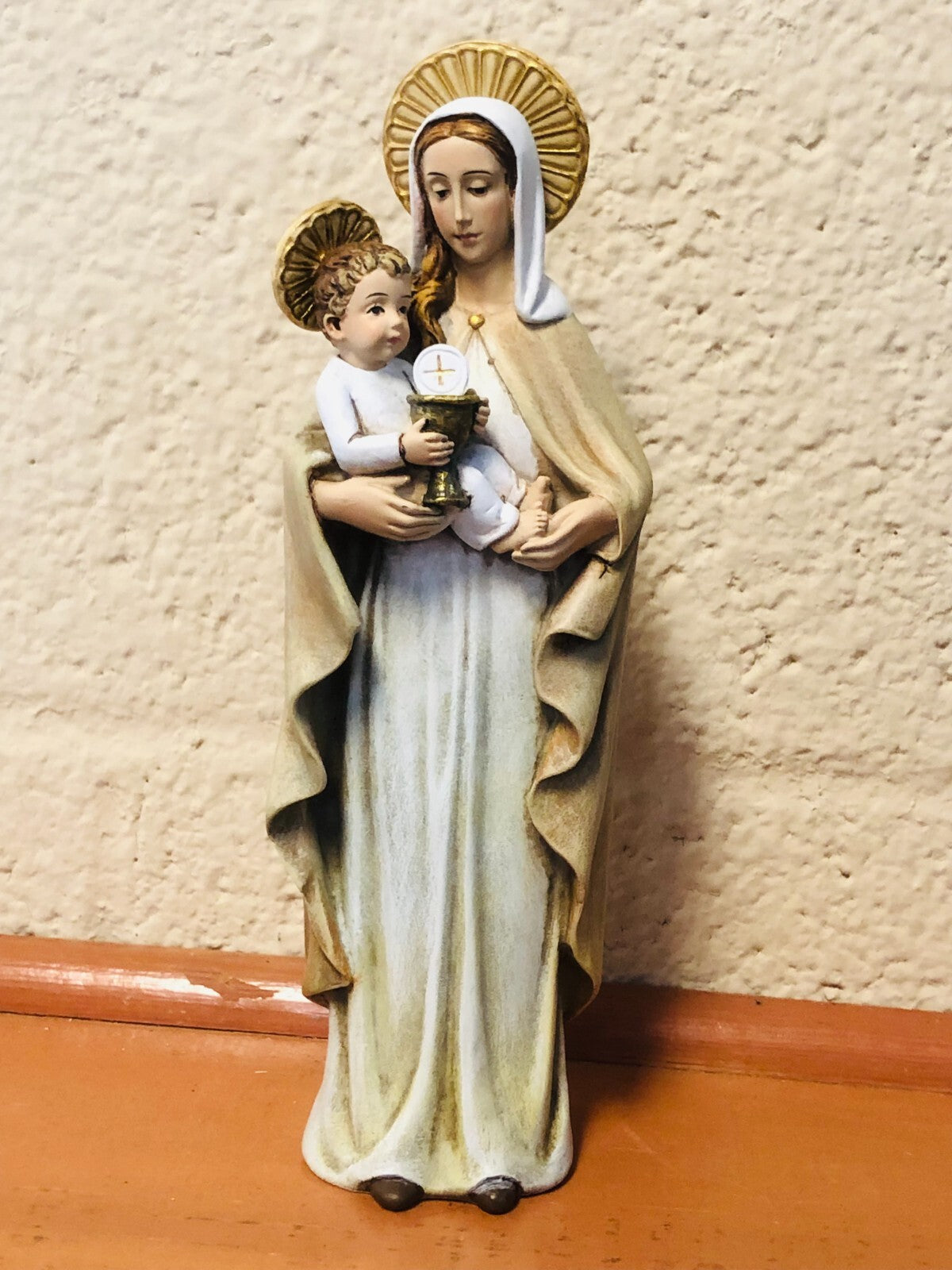 8-inch resin statue of Our Lady of the Blessed Sacrament holding Child Jesus, Christian religious figure collectible by Bob and Penny Lord