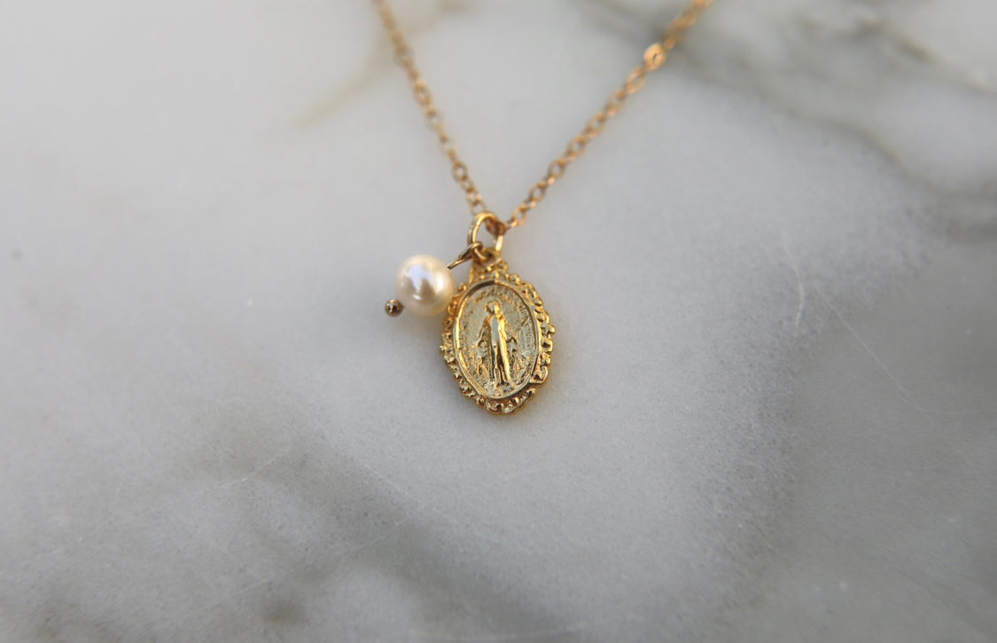Intricate Miraculous Medal Necklace with Pearl - Journeys of Faith