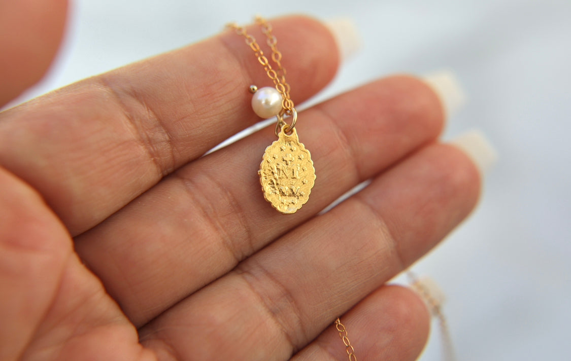 Intricate Miraculous Medal Necklace with Pearl - Journeys of Faith