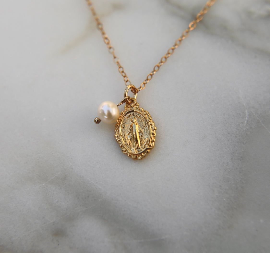 Intricate Miraculous Medal Necklace with Pearl - Journeys of Faith