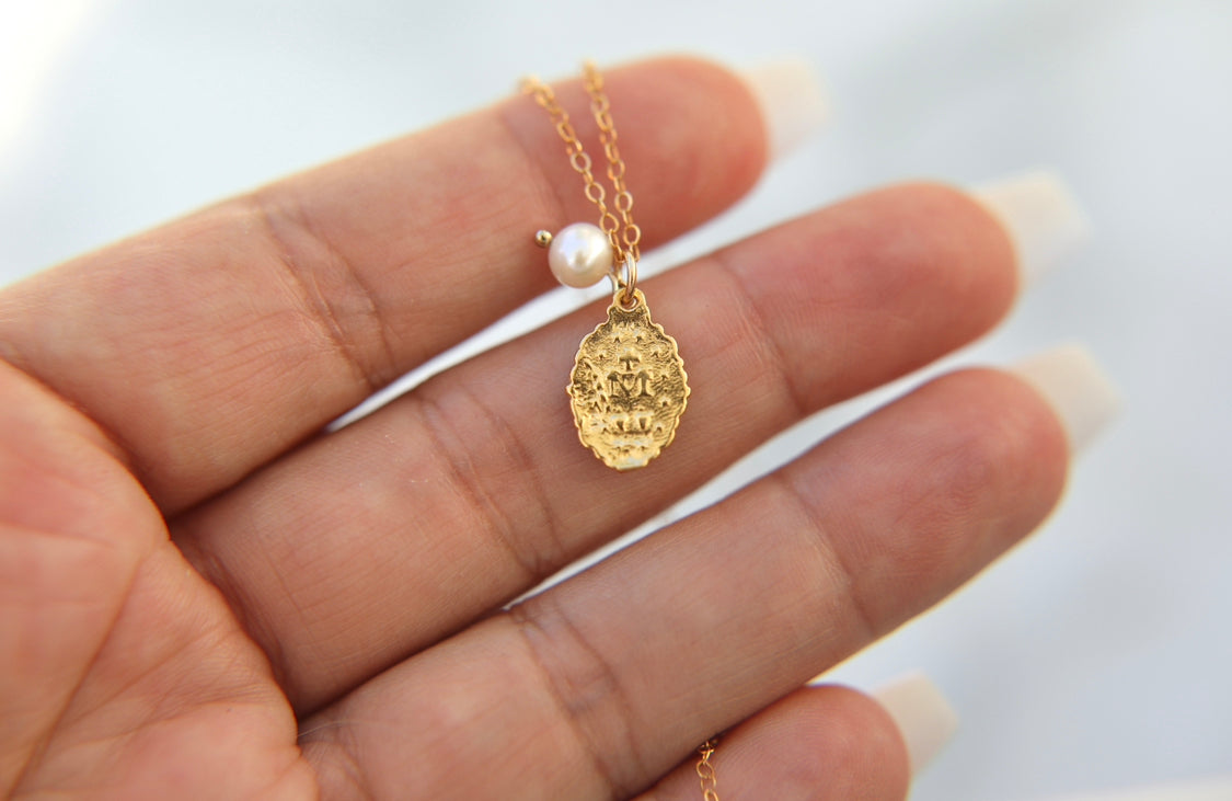 Intricate Miraculous Medal Necklace with Pearl - Journeys of Faith
