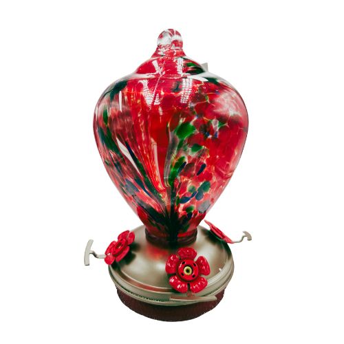 Hand-blown glass hummingbird feeder by Mill Creek Products, featuring a colorful design and a clear viewing window.