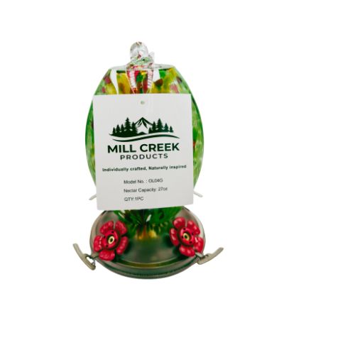 Hand blown glass hummingbird feeder with a vibrant, floral design, featuring red flowers and a green, swirled top.