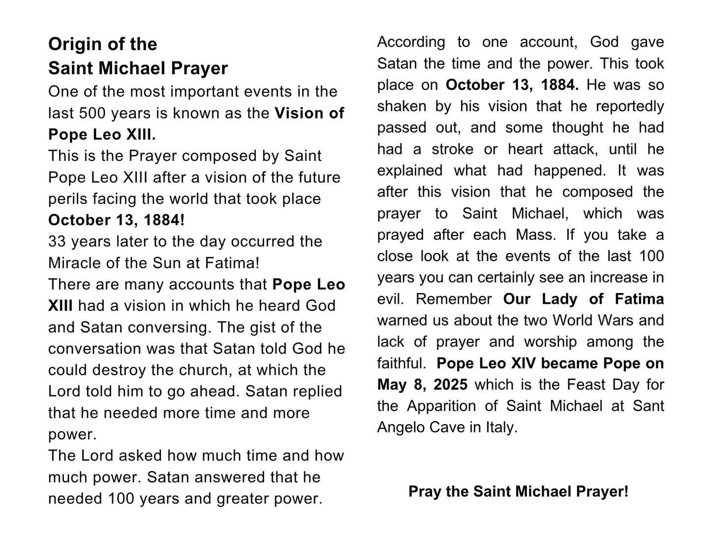 Saint Michael the Archangel Prayer Card with Vision of Pope Leo XIII