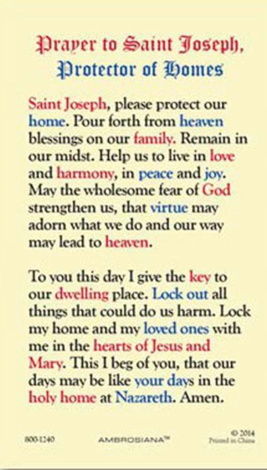 Saint Joseph with Child, Protector of Homes. Laminated Prayer Card, New #PCL-#52