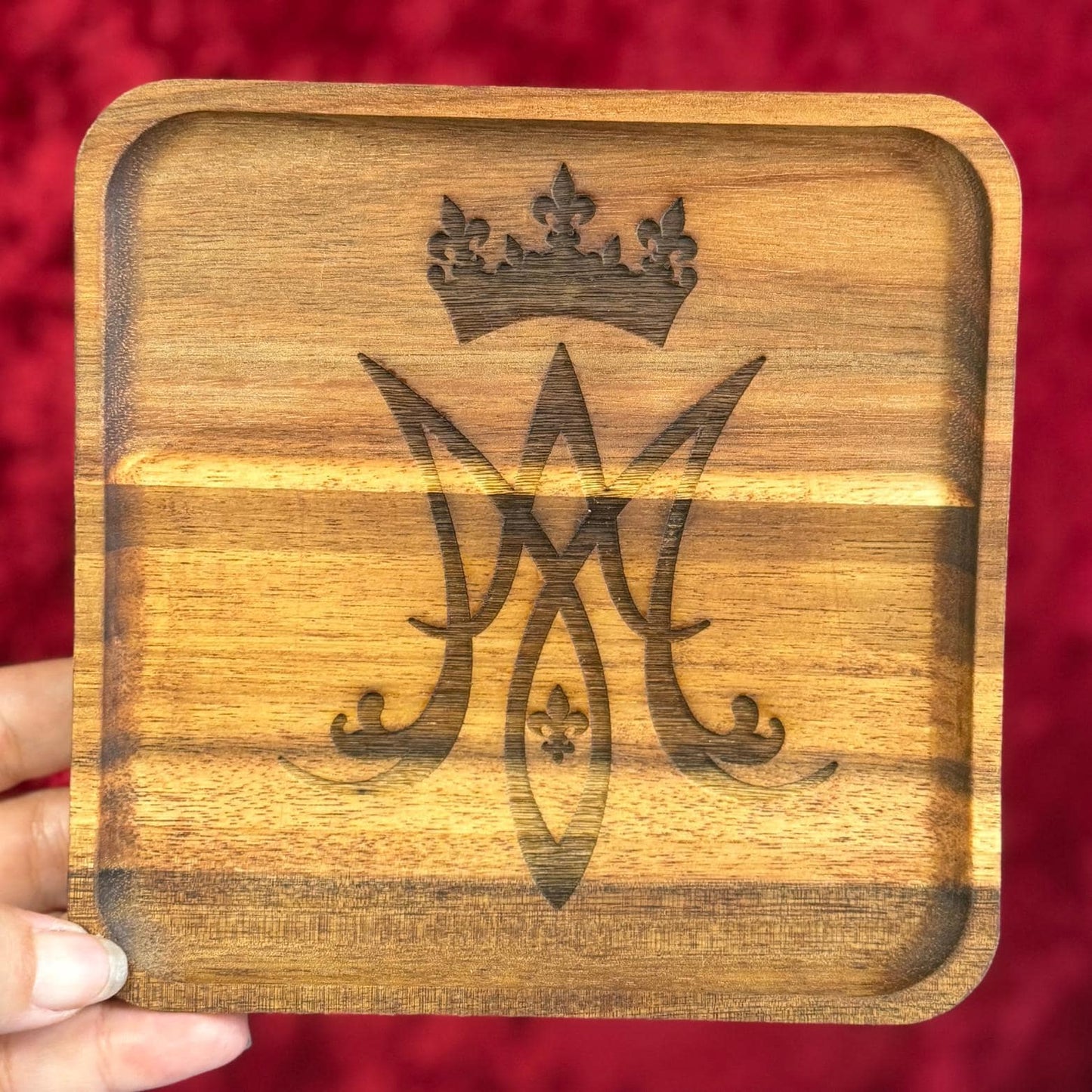 Wooden Rosary Dish Marian Symbol