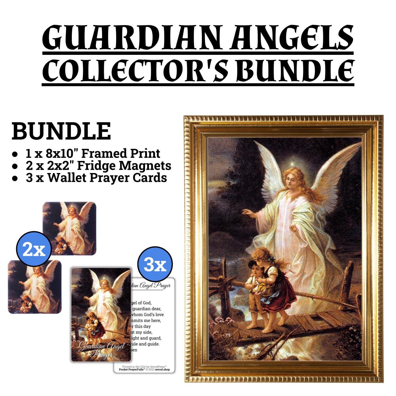 Guardian Angel Framed Print, Hand-Framed Original Design—Restored Antique Artwork—Gold Frame, Christian Wall Art, Nursery Decor, 5x7, 8x10