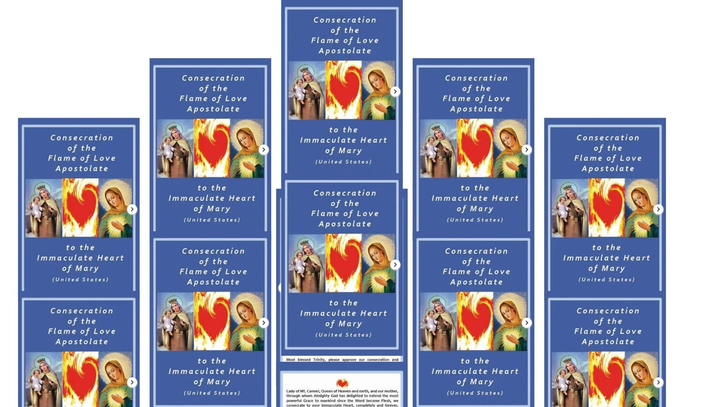 Set of ten Flame of Love prayer cards by Bob and Penny Lord, featuring religious imagery and spiritual messages.