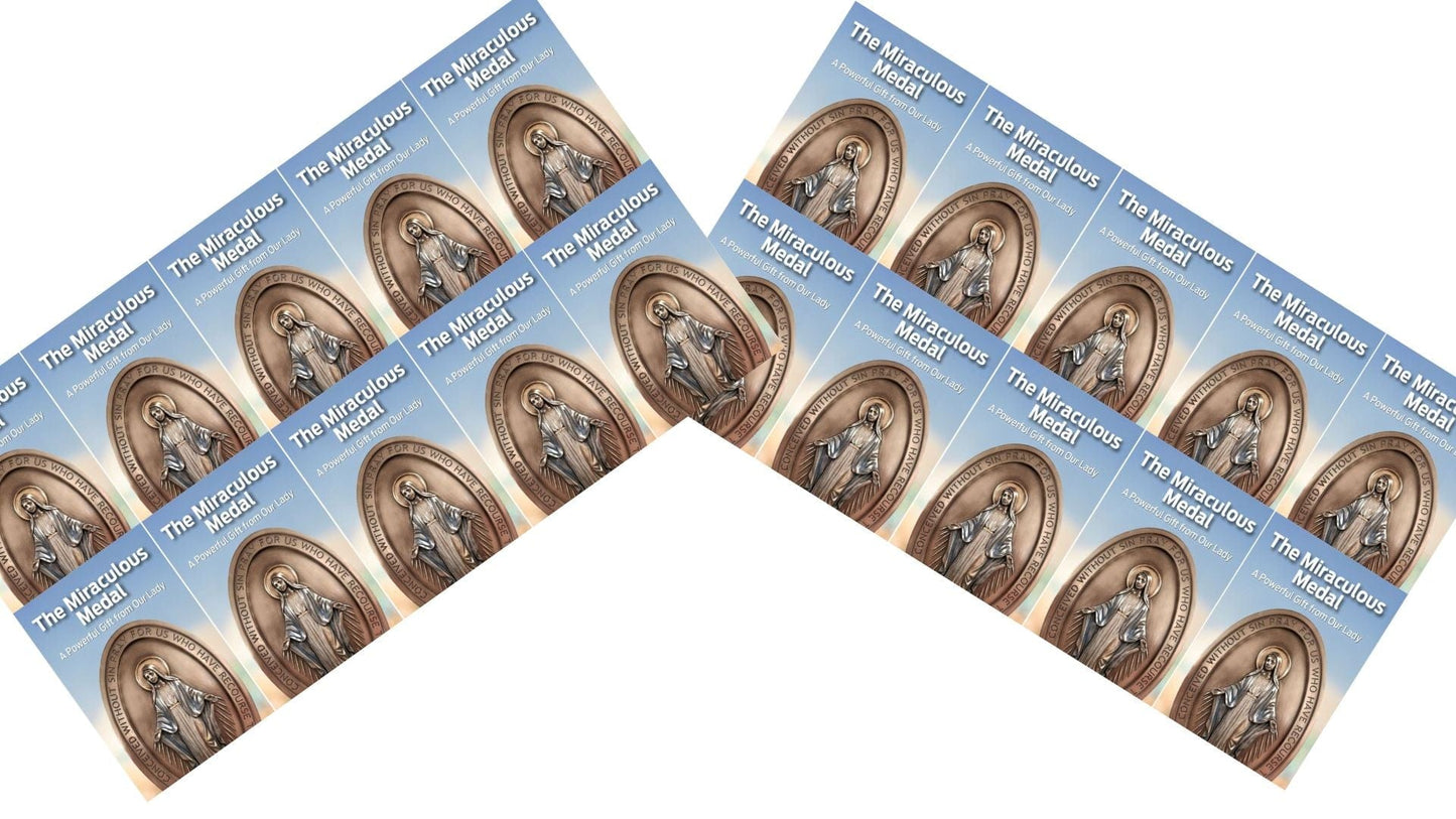 Set of five Miraculous Medal 4-panel prayer pamphlets featuring Christian Holy Card designs by Bob and Penny Lord.