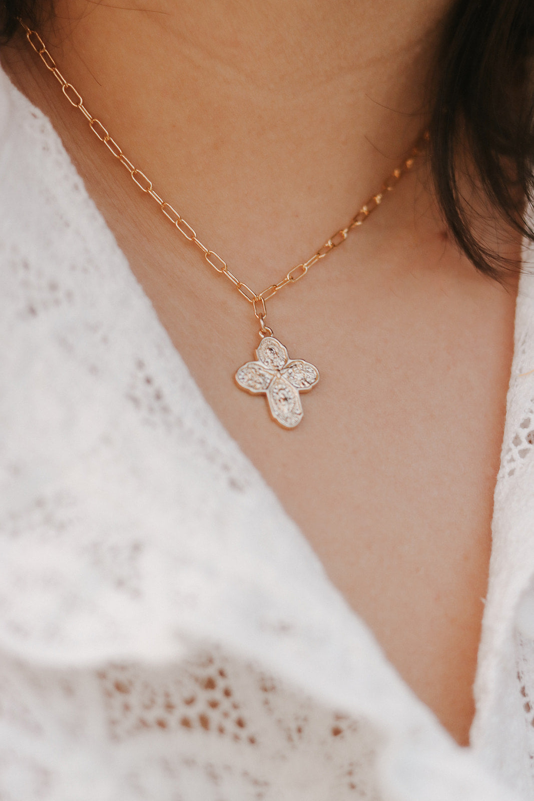 Four Way Cross Necklace - Paperclip Chain - Journeys of Faith