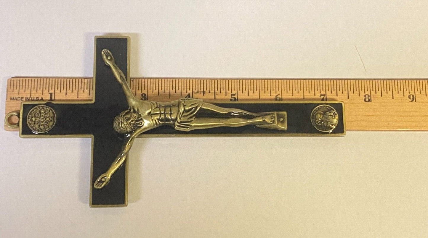 Saint Benedict black and bronze dual coin cross collectible by Bob and Penny Lord, featuring intricate Christian religious design.