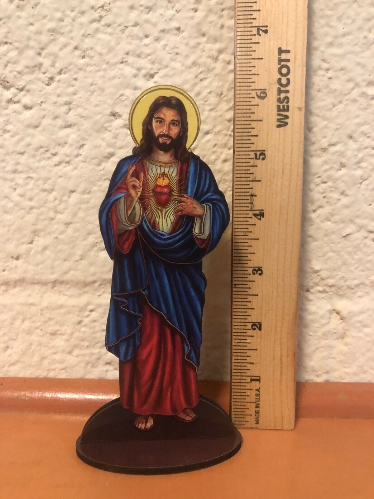 Sacred Heart of Jesus 6" Laser Image on Thin Wood Statue, New - Bob and Penny Lord