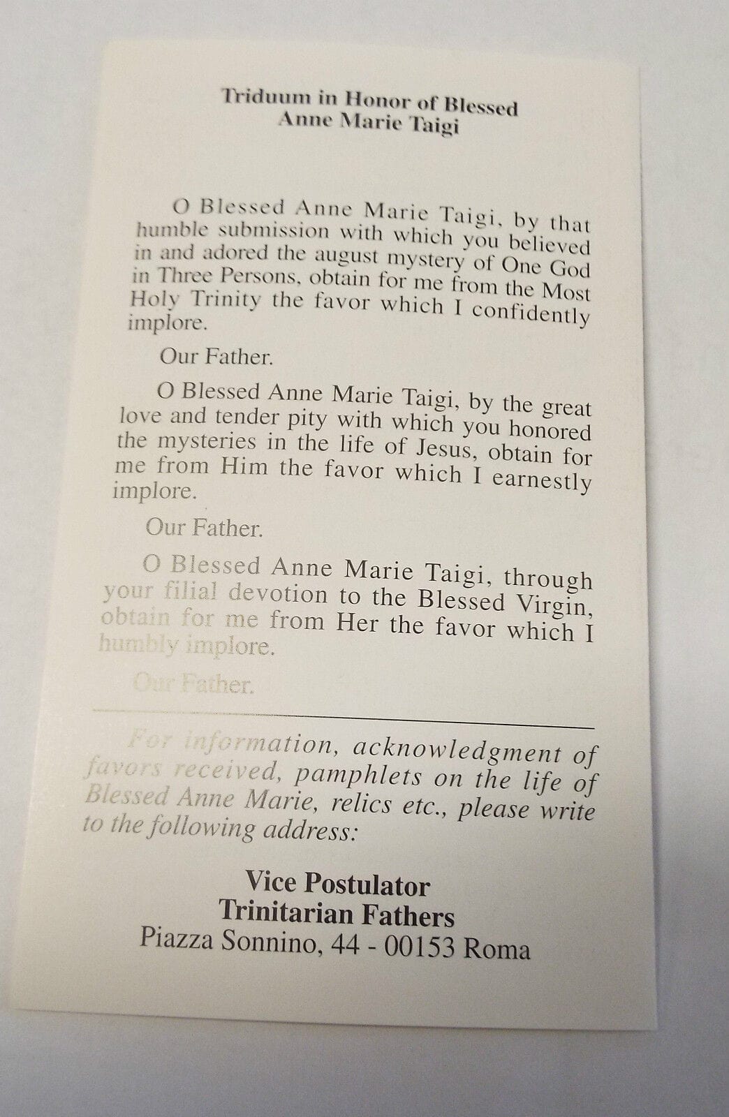 Blessed Anna Maria Taigi, A Triduum Prayer & Biography Folder, New Italy - Bob and Penny Lord