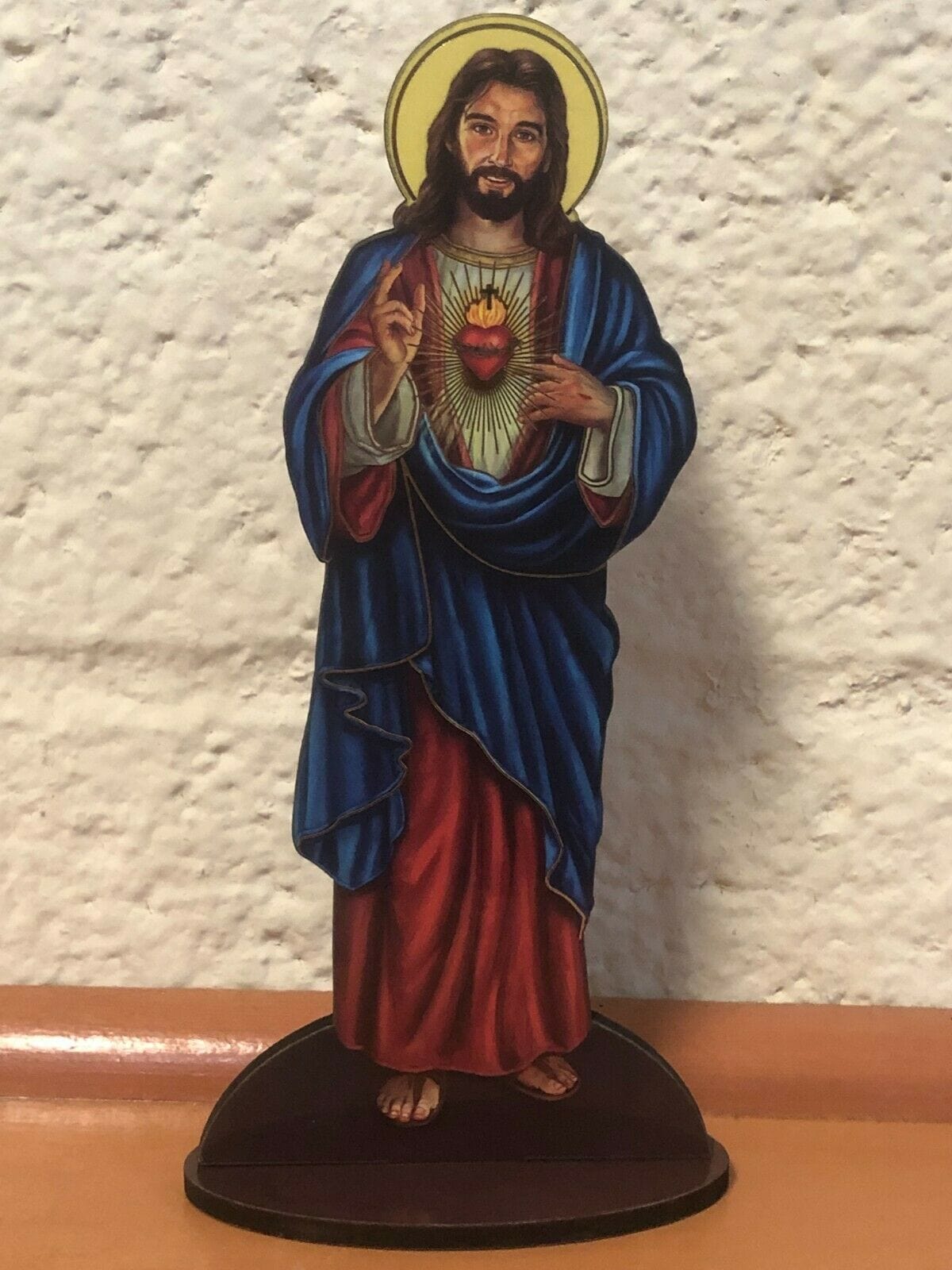 Sacred Heart of Jesus 6" Laser Image on Thin Wood Statue, New - Bob and Penny Lord