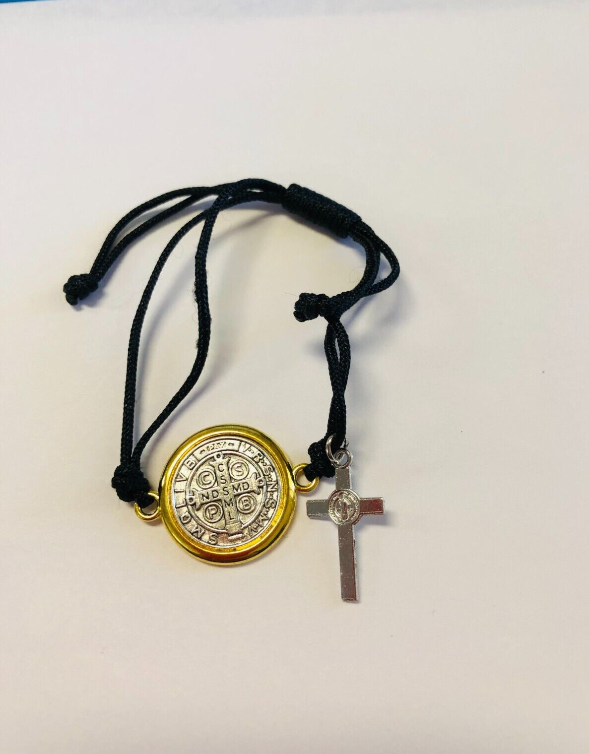 Saint Benedict 2 Tone Medal Rope Adjustable Bracelet 7.5", New - Bob and Penny Lord