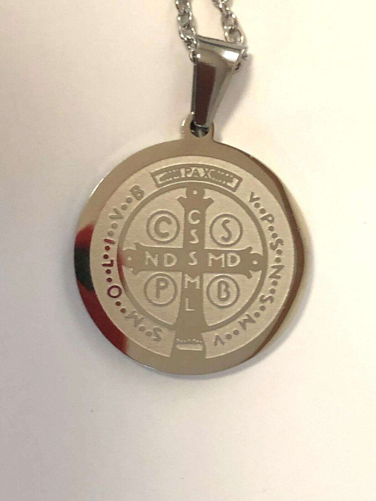 Saint Benedict Laser Engraved Image Silver Pendant, New - Bob and Penny Lord